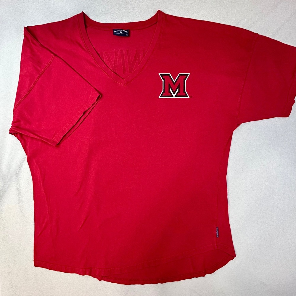 MIAMI UNIVERSITY REDHAWKS Red V-Neck Oversized T-Shirt Mens XL Cotton